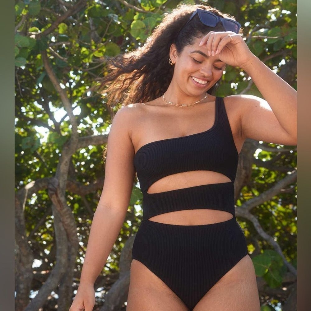 Aerie Real Good Ribbed One Shoulder Cutout One Piece Swimsuit Black Small NEW